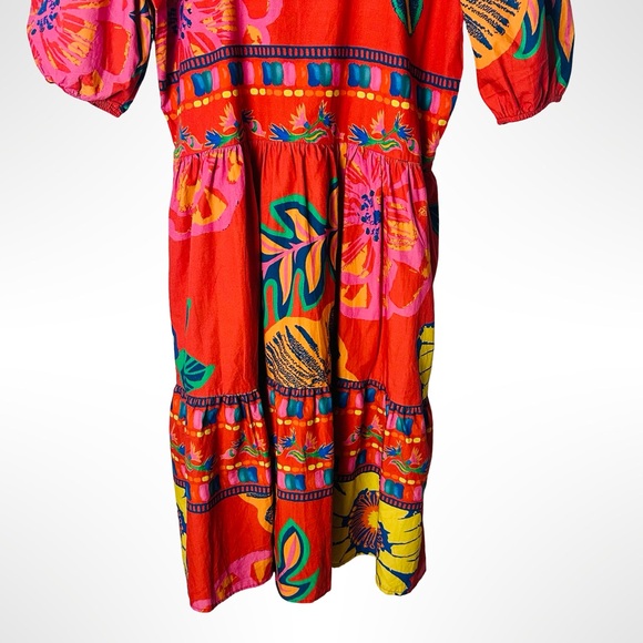 Maude Vivante Aria Dress Medium Red Floral Puff Sleeves Colorful Vacation Resort - Picture 10 of 13